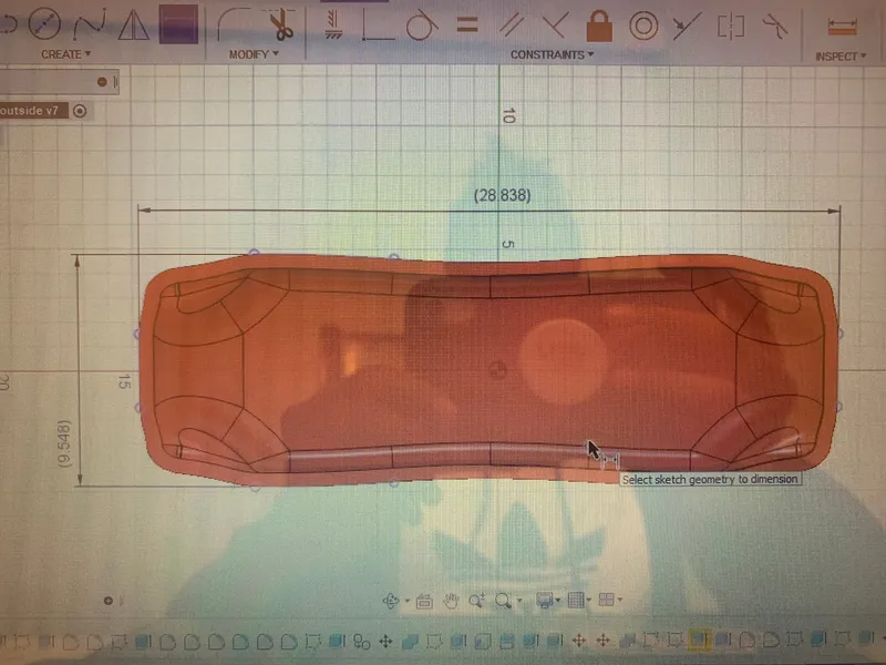 Enclosure footprint sketched and dimensioned in CAD.